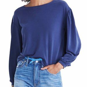 Madewell Blue Sandwashed Gathered Long Sleeve Top